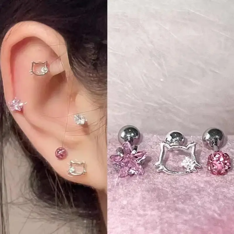 

3Pcs Sanrio Fashionable Cartoon Hollow Cat Ears Earings Pink Small Star-shaped Ear Studs For Girls Funny Jewelry Accessories