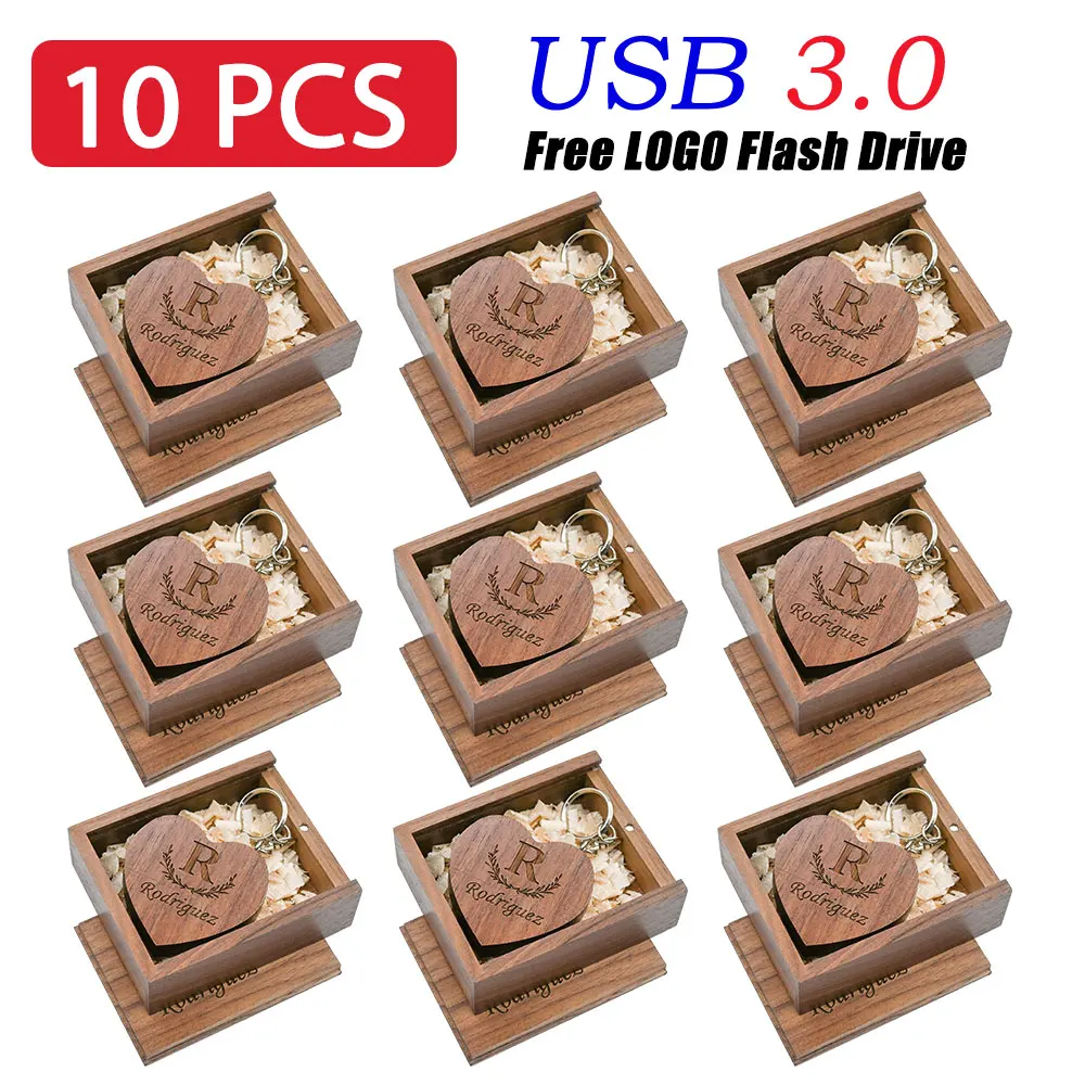 Free Custom Logo 10pcs USB 3.0 Wooden Heart USB+BOX Flash Drive Pendrive 32GB 16GB 8GB Memory Stick Photography Wedding Gifts