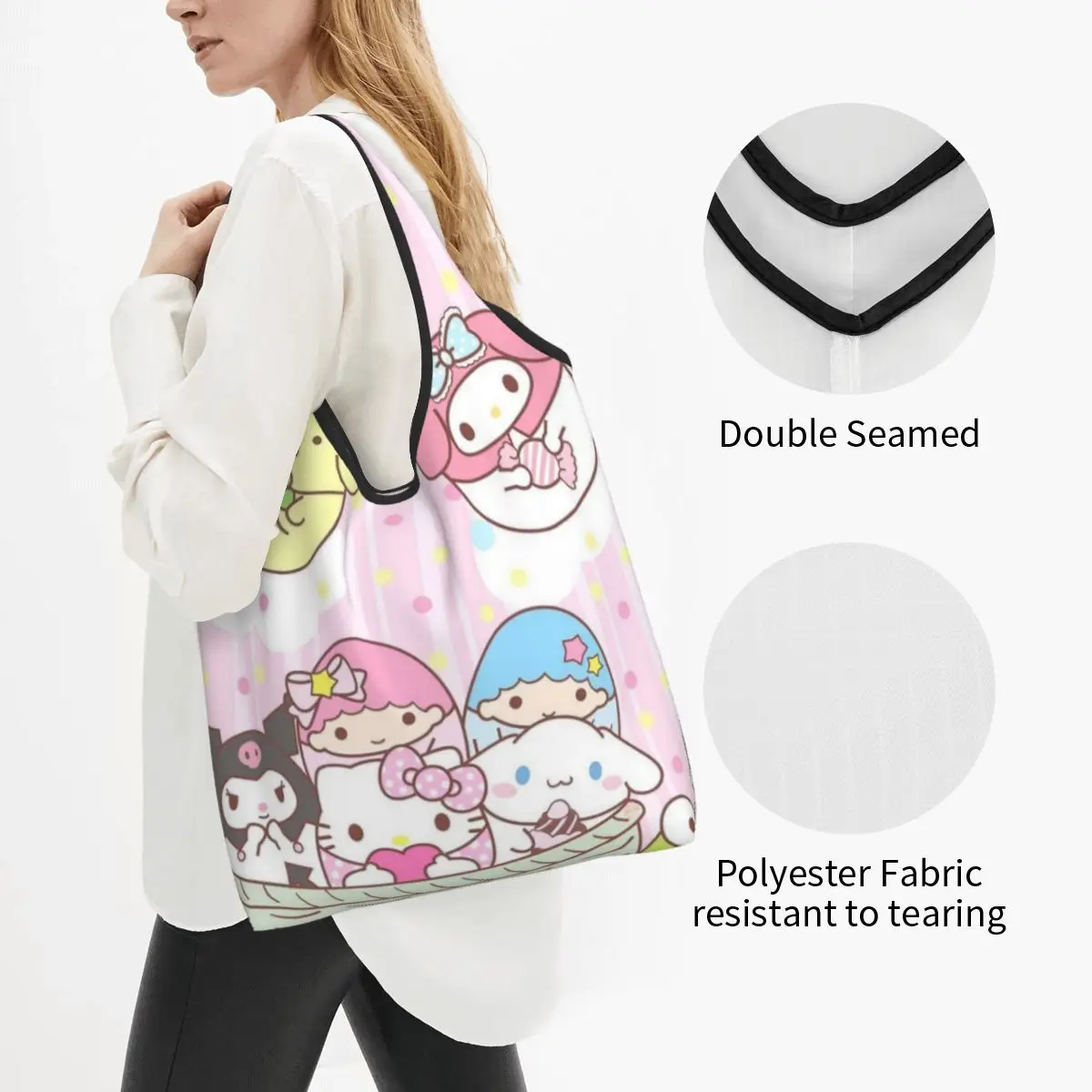 Kawaii Sanrio HelloKitty Grocery Bags Durable Large Reusable Recycle Foldable Heavy Duty Kuromi Melody Shopping Eco Bag Washable