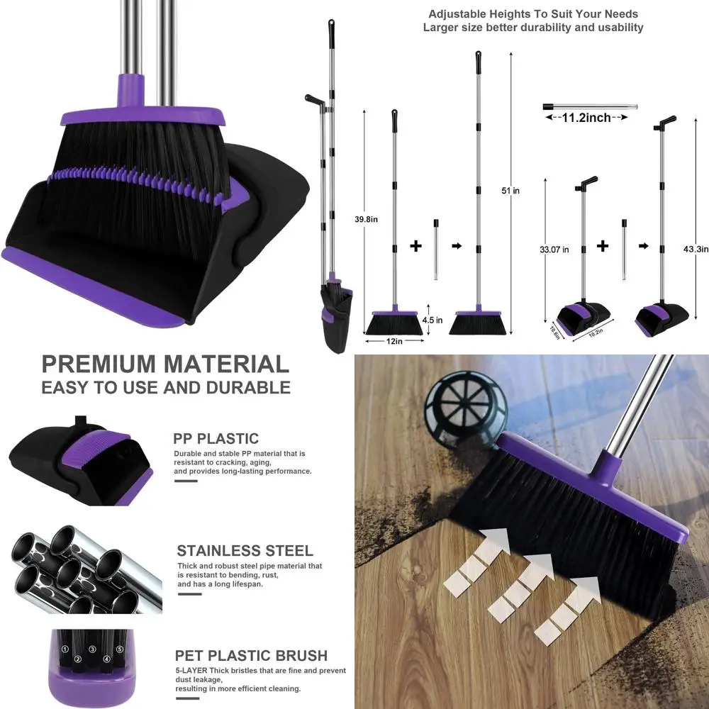 

Purple Upright Broom and Dustpan Set with 51 Long Handle for Self-Cleaning, Ideal for Home, Kitchen, and Office