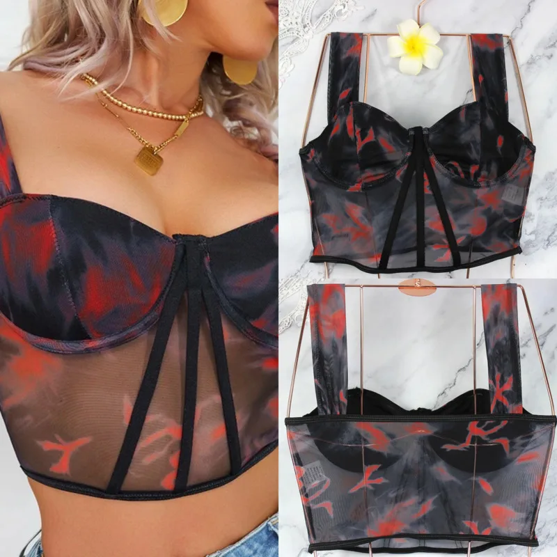 

Sexy Mesh Print Corset Spaghetti Strap Top New Summer Women's Ultra-Crop Waist Trainer Vest Viral Y2K Clubwear Sheer Crop Tops