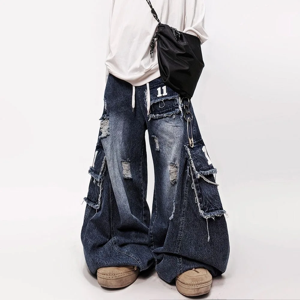 ARENS 2026 New Original Wornout Broken Hole Patched Multi Pockets Design Baggy Jeans Men's Fashion Street Denim Pants
