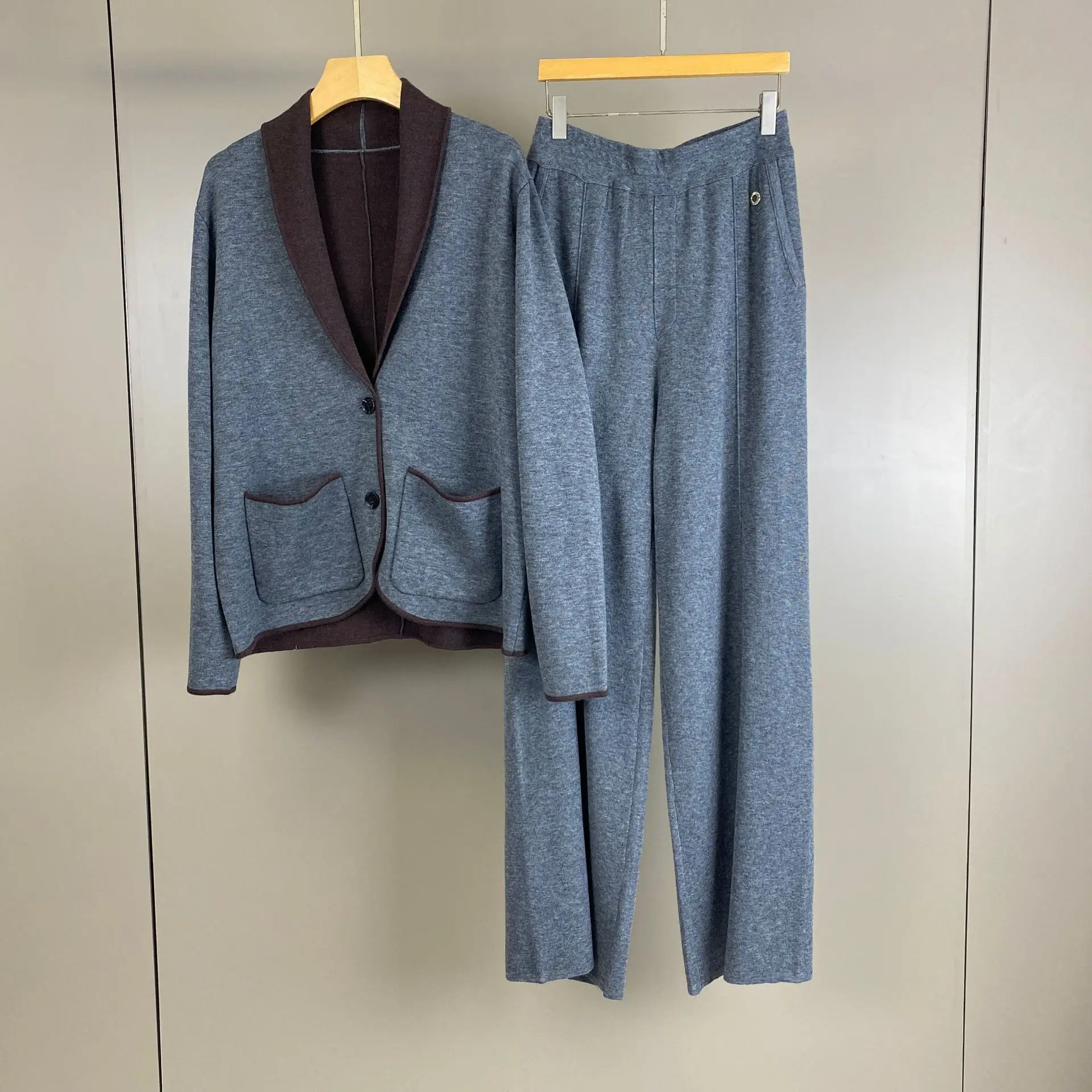 26 Autumn Winter New 100% Wool Knitted Cardigan With Elastic Waist Straight Leg Wide Pants Set