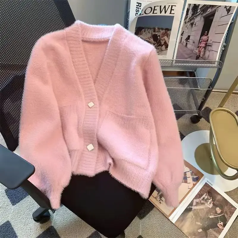 Winter New Casual Two Button Furry Imitation Mink Knitted Cardigan Woman Small Man Wearing Long-sleeved Foreign Sweater Woman