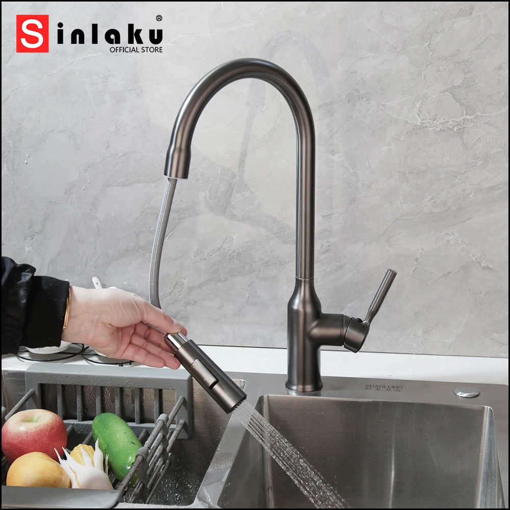 

SINLAKU Kitchen Sink Faucet Deck Mounted Dual Mode Gun Grey Pull Out With Stream & Rainfall Hot And Cold Water Mixer Taps