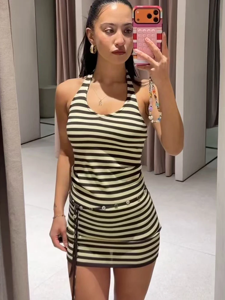2026 Neues Damen Gestreiftes Neckholder-Kleid mit Gürtel Rückenfreies Sexy Figurbetontes Minikleid Sommer Mode Streetwear Strand Urlaub Sommerkleid