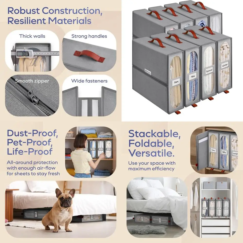 

Набор из 8 органайзеров для постельного белья с прозрачными окнами - прочные коробки для хранения, 15x13x5 дюймов, серый цвет