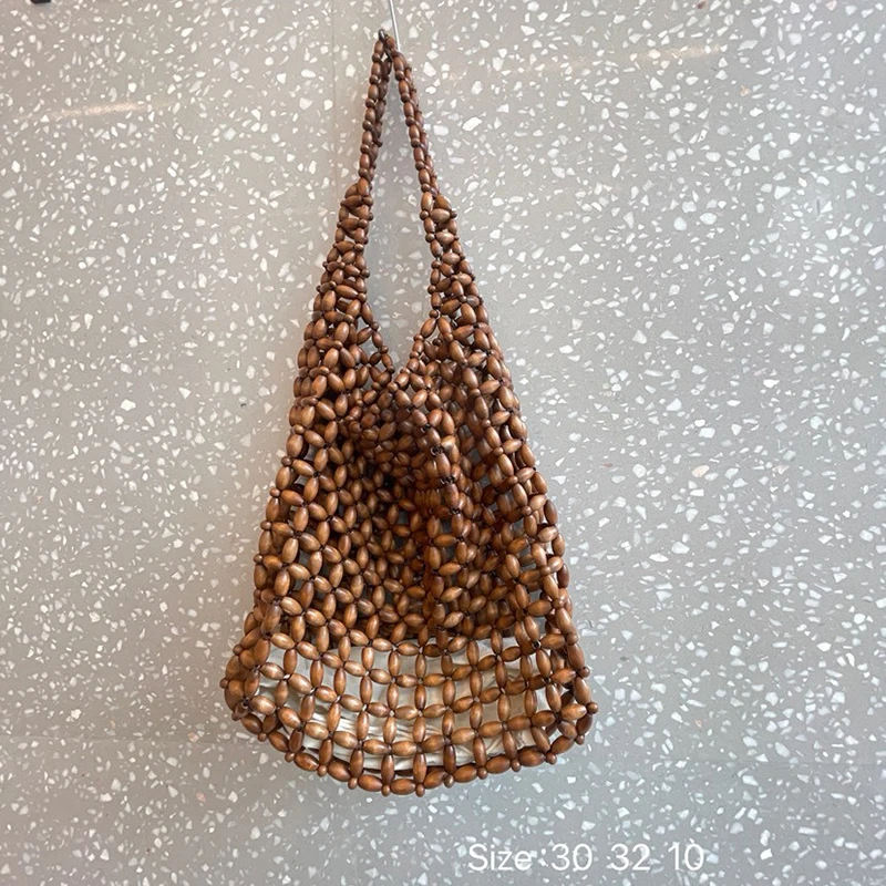 

Handmade Wooden Bead Woven Handbag Vintage Double Bamboo Handle Hollow Bucket Bag,Large Capacity Commuting Women Cluth