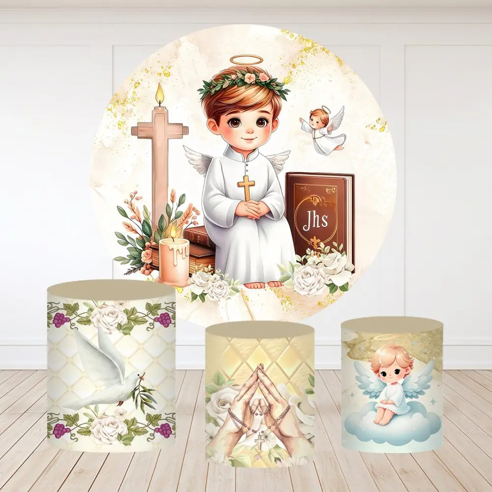 Boy First Holy Communion Round Backdrops Cover Flowers Gold God Bless Cross Grail Dove Bible Decor Party Circle Background