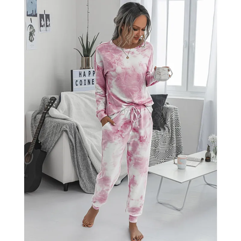 2025 Fall and Winter Women's Two-Piece Set Casual Round Neck Sportswear Ladies Tie-Dye Printing Long-Sleeved Casual Homewear 6