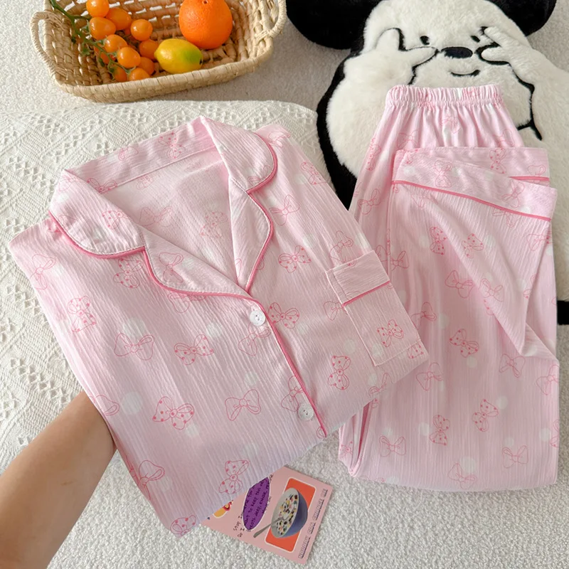 

Light Luxury Polka Dot Bow Korean-Style Sweet Pajamas for Women, Spring and Autumn, Ins-Style Loungewear Long-Sleeve Set