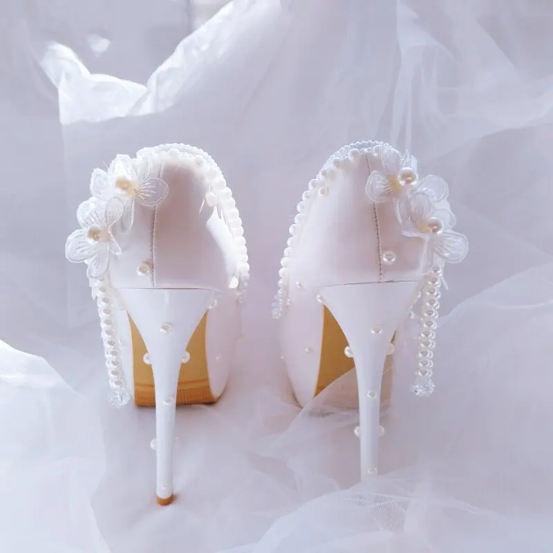 Spring new round headed pearl lace flower waterproof table top leather wedding shoes banquet large size high heels women's shoes