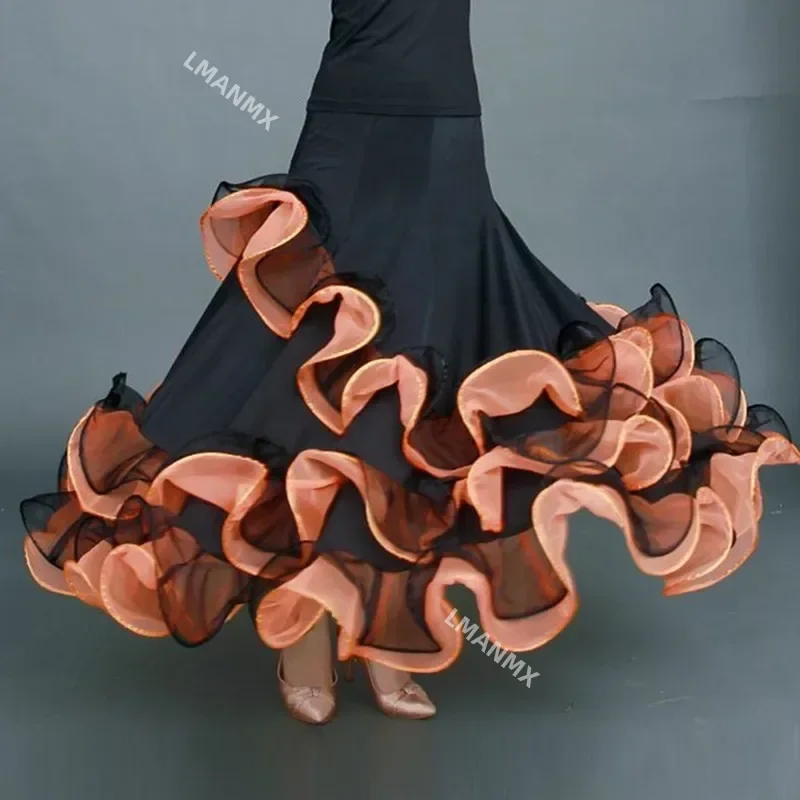 Saia de dança de salão com borda rotativa, saia espanhola para mulheres, vestido de valsa, roupas de dança, saia de flamenco, saia de festa