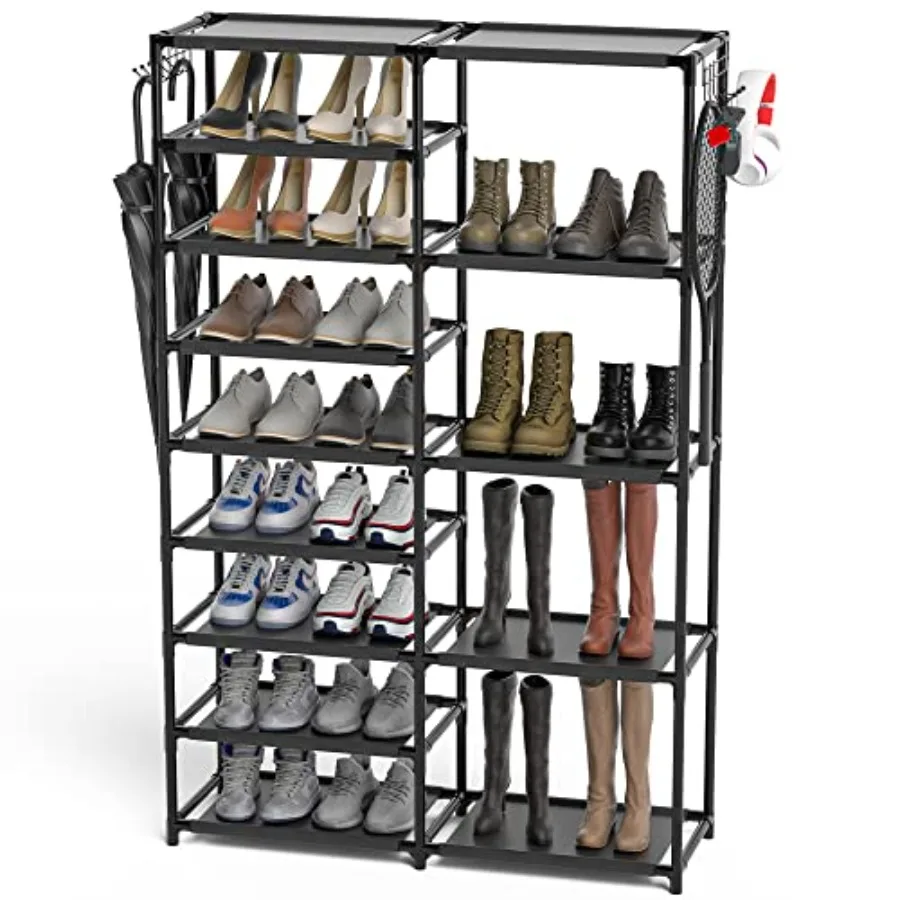 

Tall Garage Shoe Rack Large Capacity Two Rows Versatile Hooks Storage Boot Shelf for Organizing 24-35 Pairs of Shoes in Entrywa