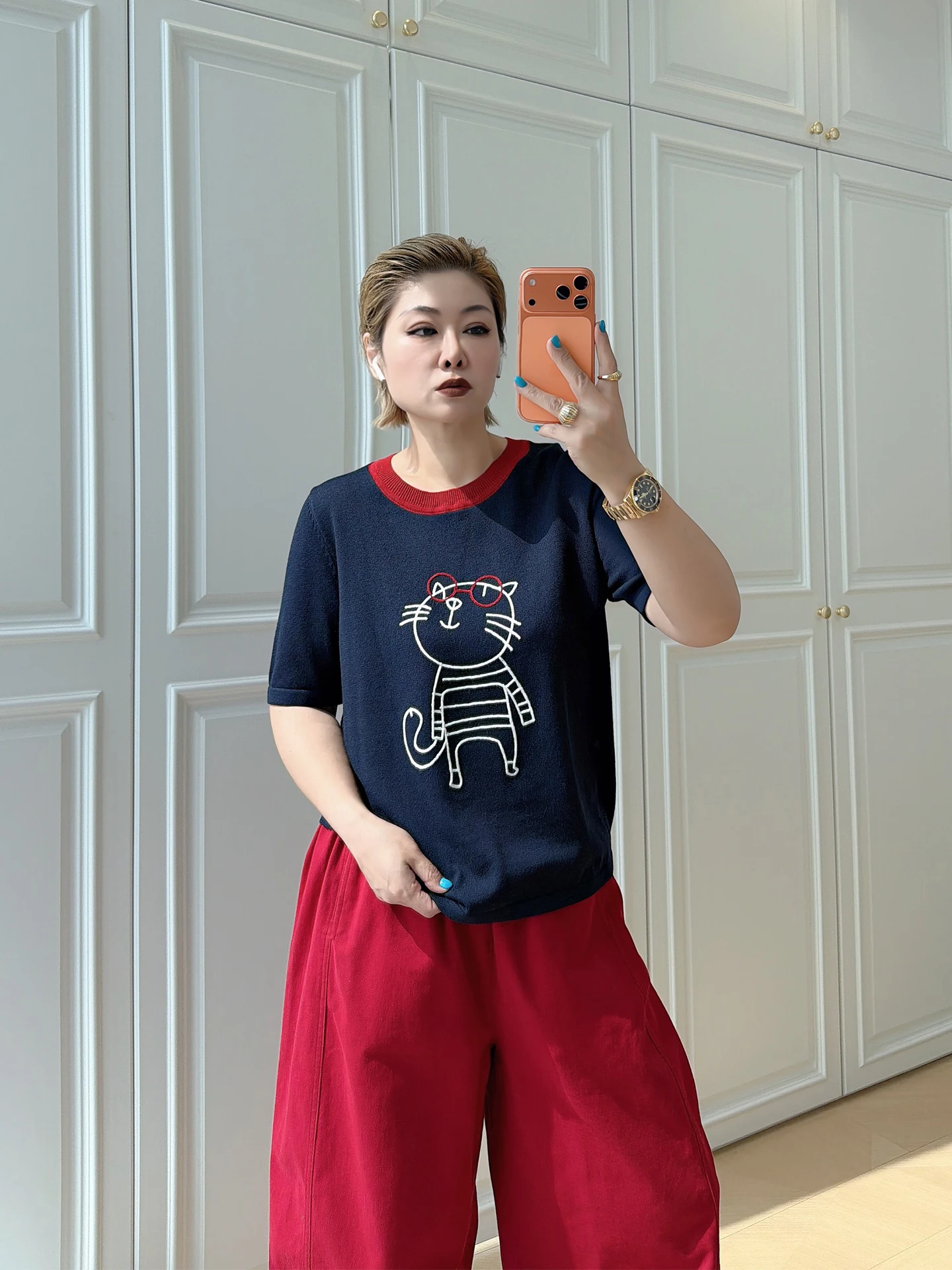 

Casual Loose Short Sleeve T-Shirt plus Size Women's Slimming Loose Young-looking Daily Color Block Top for Heavy MM