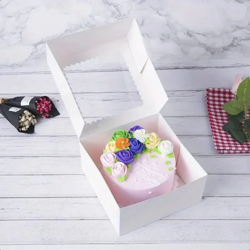 3/5 قطعة المتاح الأبيض كعكة عيد ميلاد صناديق الورق الراقية نافذة نمط قوي لا تشوه بسهولة موجة الدانتيل كعكة صندوق تخزين