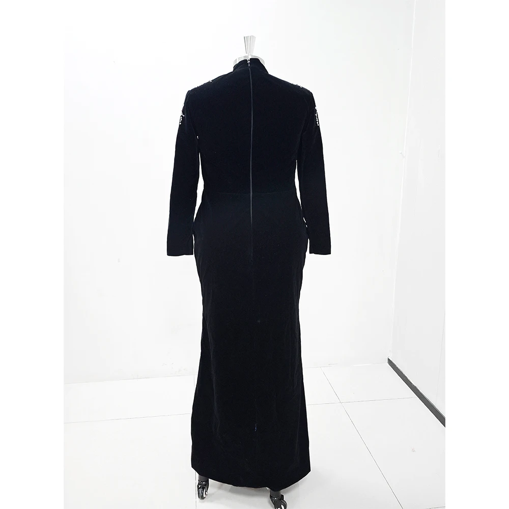 Black Appliques High Neck Evening Dress Long Sleeve Floor Length Velvet Prom Dresses Special Occasion Luxury Female Vestidos