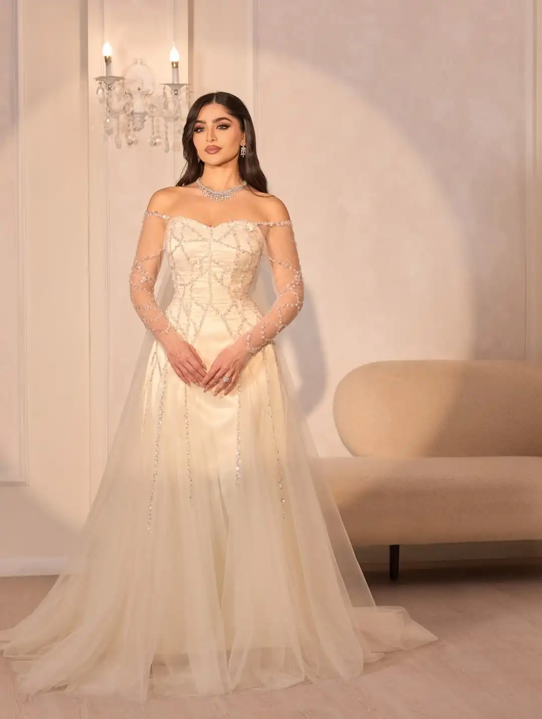 

Elegant Princess Trend A Line Off Shoulder Sheer Sleeve Beaded Detail Tulle Ribbon Floor Length Evening Wedding Bridal Dress