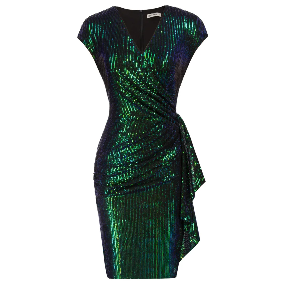

GK Women Sequined Dress Ruched Slim Fit Party Cap Sleeve V-Neck Evening Elegant Luxury Celebrity Bodycon Dress Vestidos