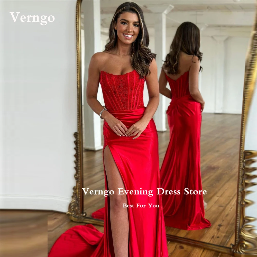 

Verngo Red Satin Mermaid Evening Dresses Strapless Split Boning Fitted Lace Applique Prom Gowns Celebrity Formal Party Dress