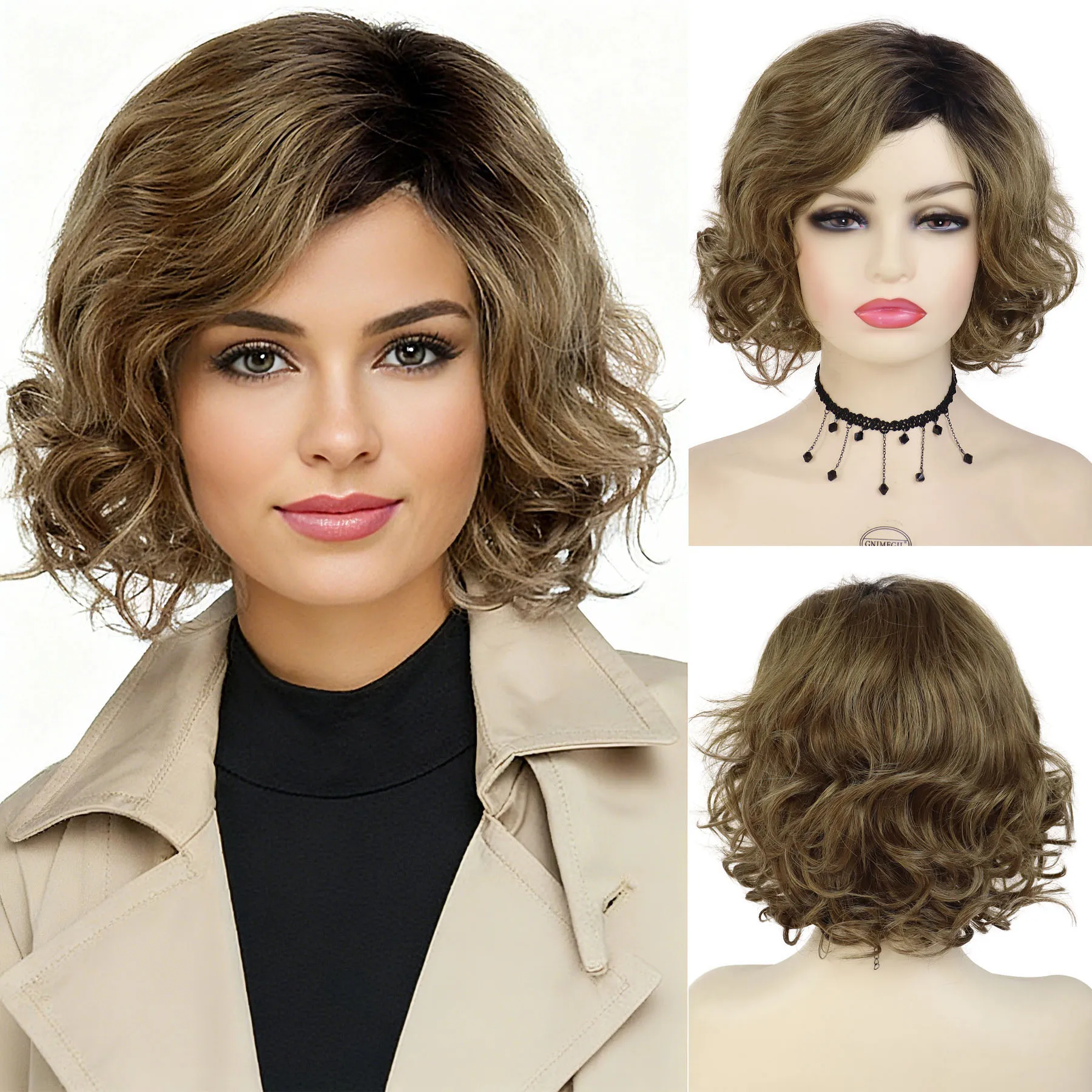 

GNIMEGIL Synthetic Hair Women's Short Curly Wig with Bangs Natural Mixed Brown Bob Wig Fluffy Elegant Daily Cosplay Mommy Wigs
