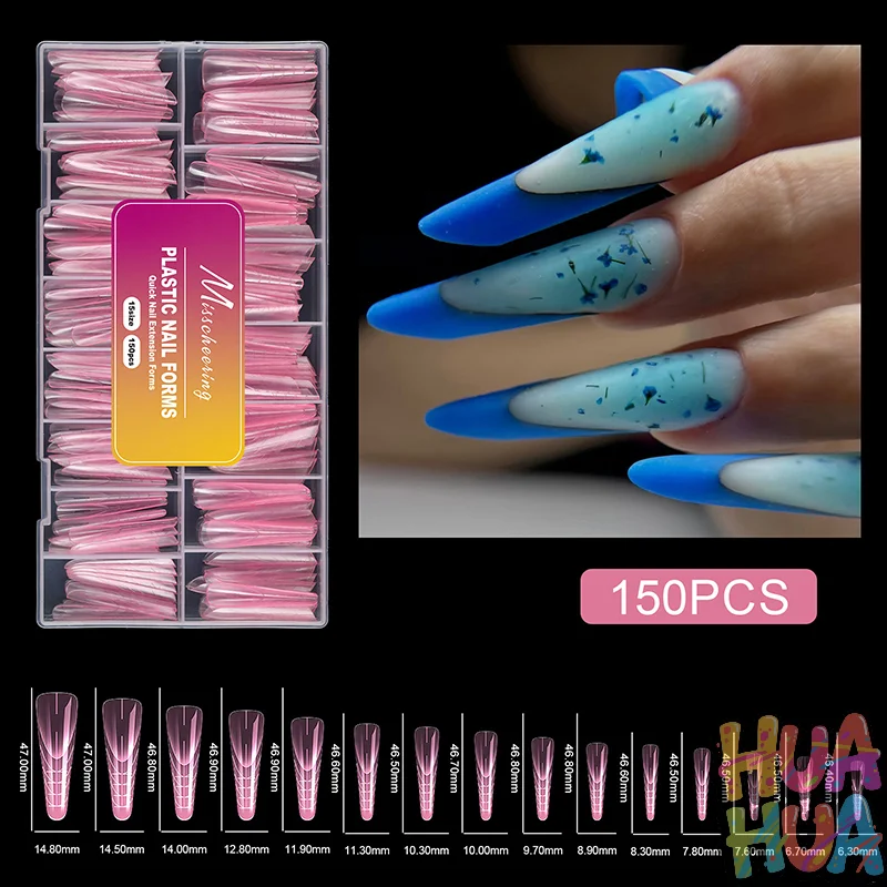 2025 هوا YY 150 قطعة أشكال مزدوجة لجل الأظافر أشكال أظافر ناعمة قوالب أكريليك غطاء كامل أظافر صناعية نصائح مانيكير تمديد هوا هوا