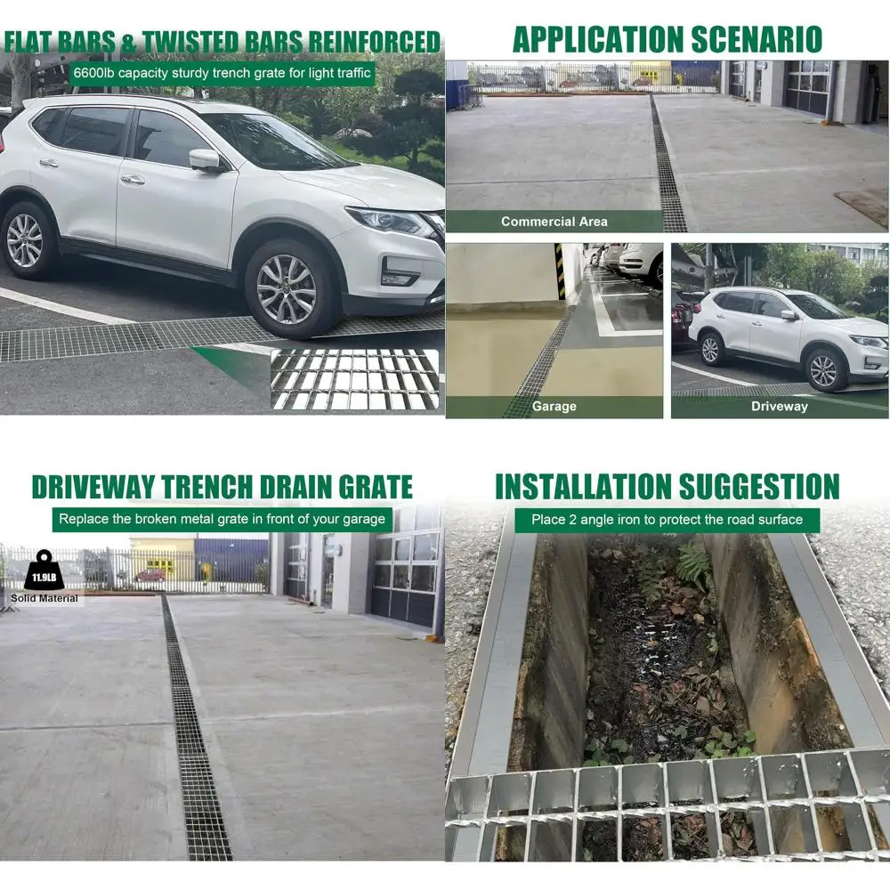 

Heavy-Duty Galvanized Steel Drain Grate, 39.4x7.9 in, for Outdoor Concrete Surfaces and Parking Areas