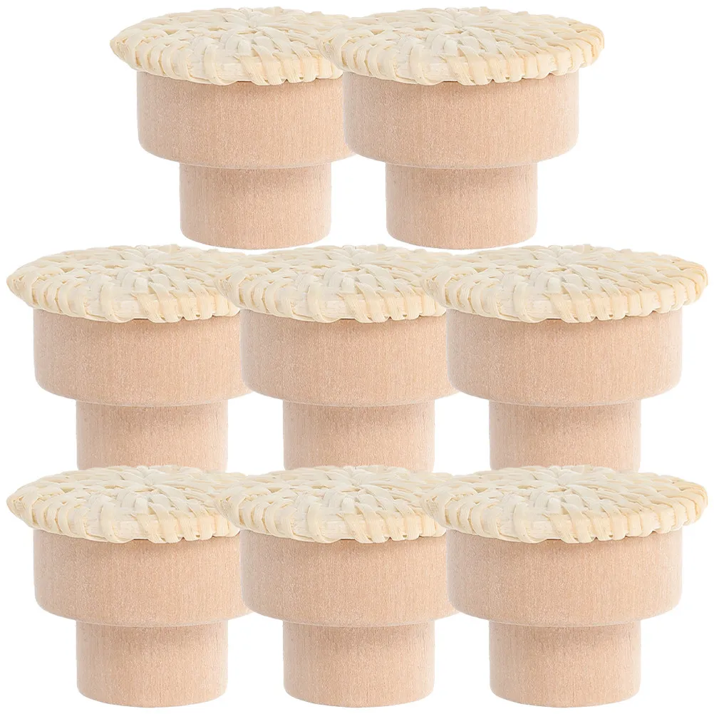 8Pcs Wood Rattan Weaving Door Handle Elegant Mushroom Knob Easy Install Cabinet Drawer Furniture Pull Replacement