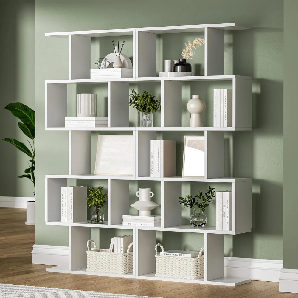 

White 5-Tier Geometric Bookcase, S-Shaped Modern Bookshelf Set of 2, 62.6" Tall Room Divider Book Shelf, Decorative Display Shel