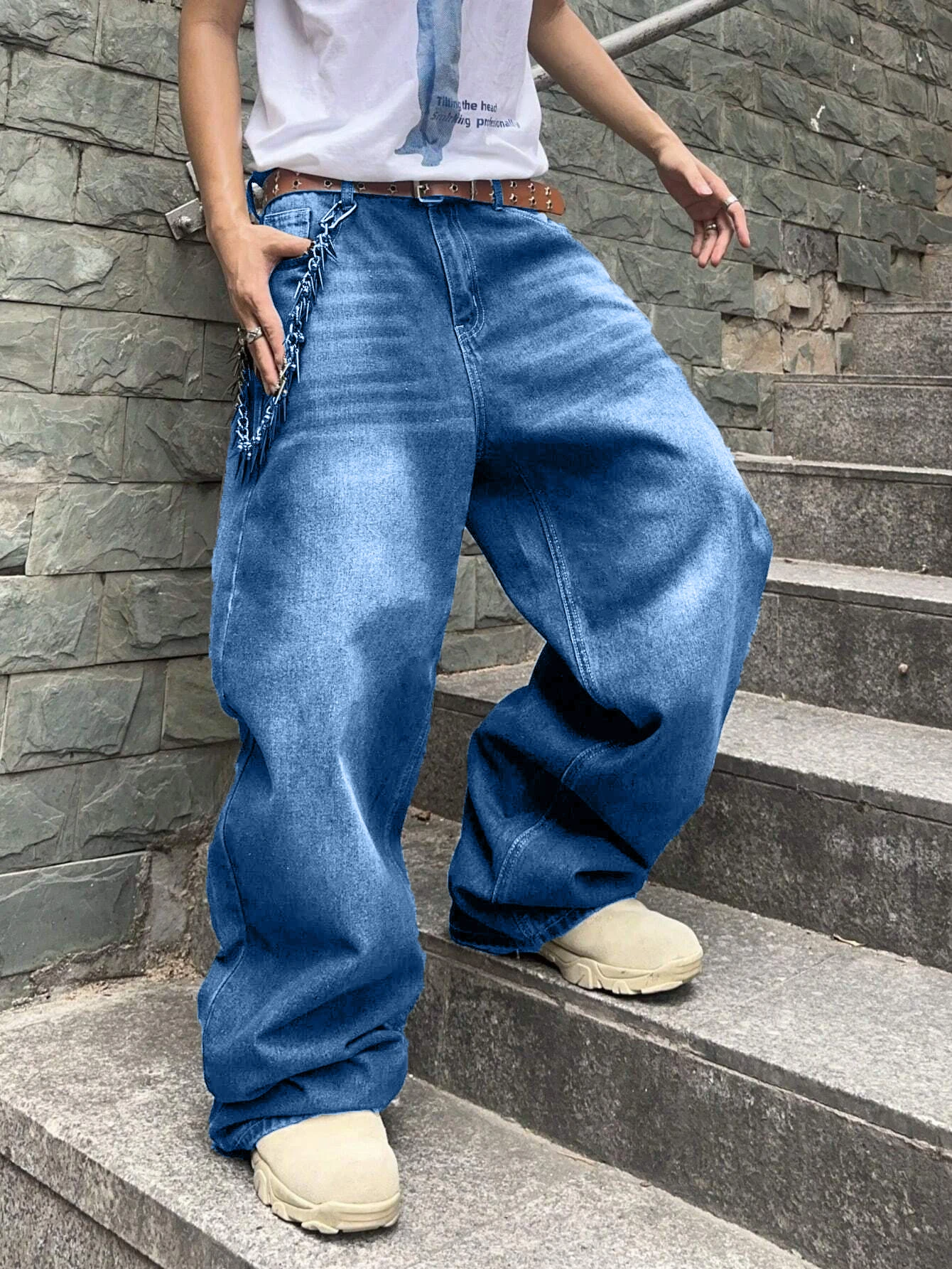 1Pc Men's Casual American Street Style Loose Jeans for Everyday Wear, Black, Light Blue, Sea Blue, Fashionable Street Style Retro Lantern Jeans, Denim Pants, Denim Trousers