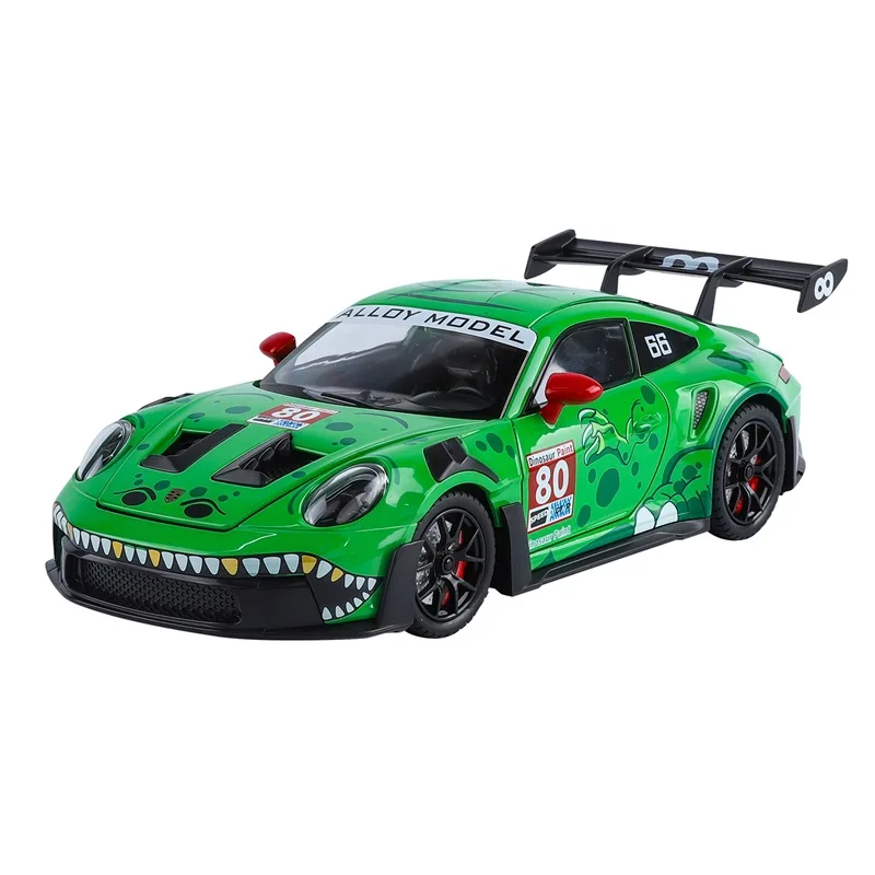 1:24 Scale Alloy 911 GT3 RS Model Unique Dinosaur Paint Job Built In Steering Pull Back Interesting Educational Kid Play Vehicle view 5
