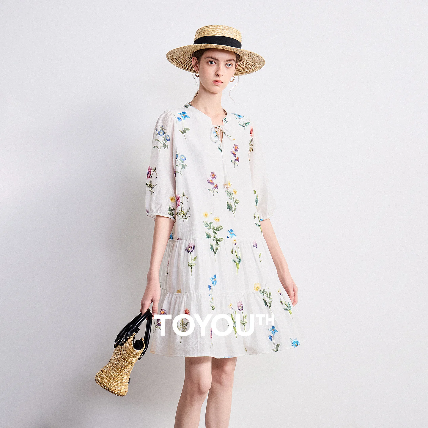 TOYOUTH Women Casual Dress 2026 Summer New Lyocell Linen Floral Pattern Puff Sleeve Vacation Mini Dress