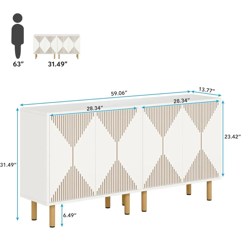 Modern White Storage Cabinet Set - Freestanding Floor Cabinet & Classic 59 Inch Sideboard - Wood Buffet Cabinet with Doors