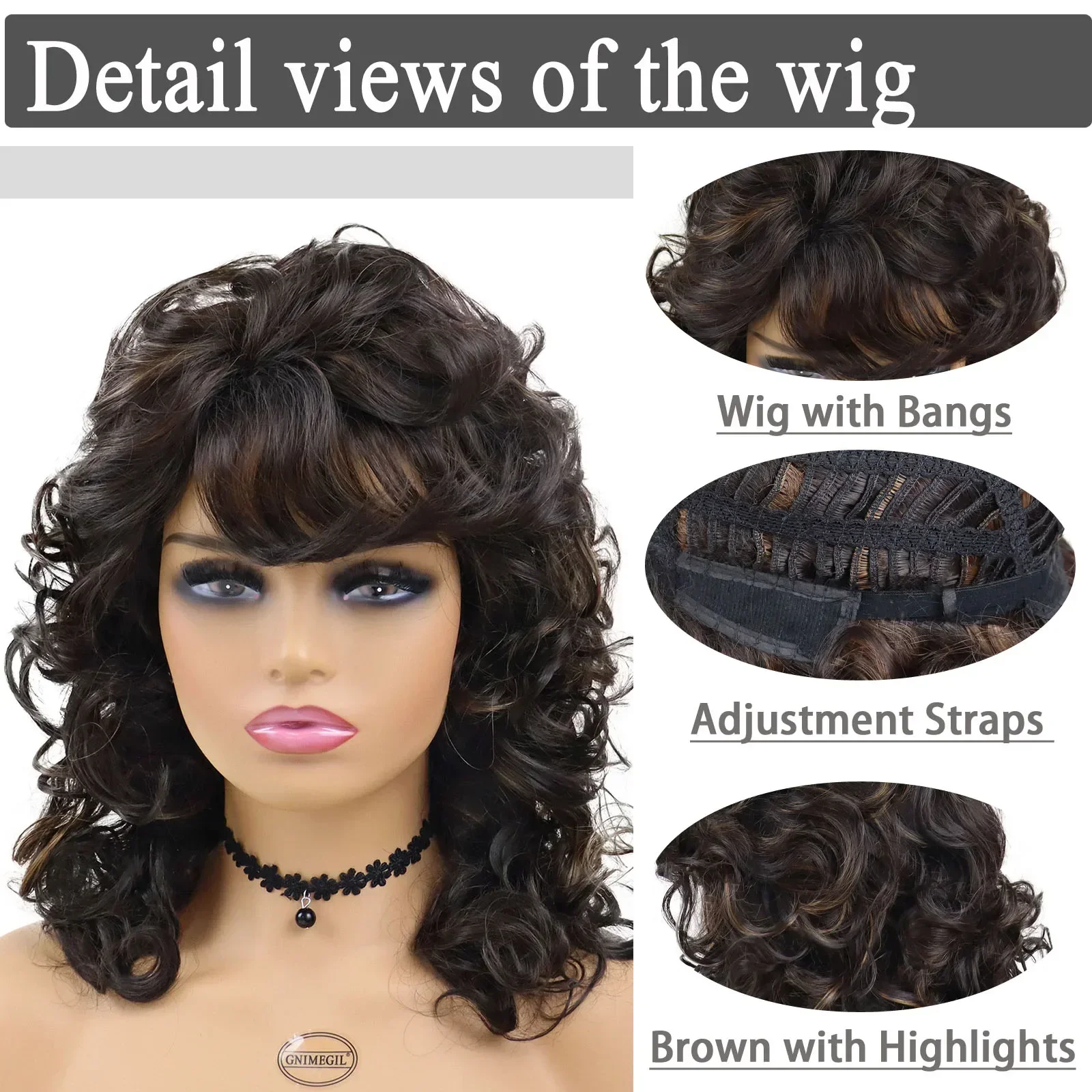 Pelucas rizadas largas sintéticas Vintage con flequillo para mujer, marrón, negro, reflejos, rizos afroamericanos, onda Natural
