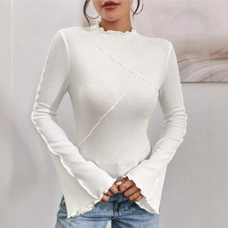 Women Round Neck Long Sleeve T-shirts New Sexy Solid Chic Fashion Line Irregular Hem Knitted Flared Sleeves Autumn Bottoming Tee