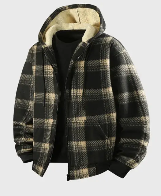Neue modische, mit Fleece gefütterte, lässige Herren-Hemdjacke mit Kapuze und Karomuster – Detail 5