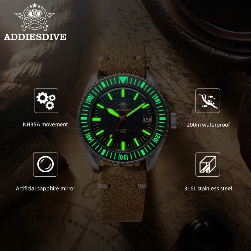 ADDIESDIVE Waterproof Automatic Mechanical Watches C3 Luminous Leather Sapphire Wristwatch Ceramic Bezel NH35 Retro Men\'s Watch