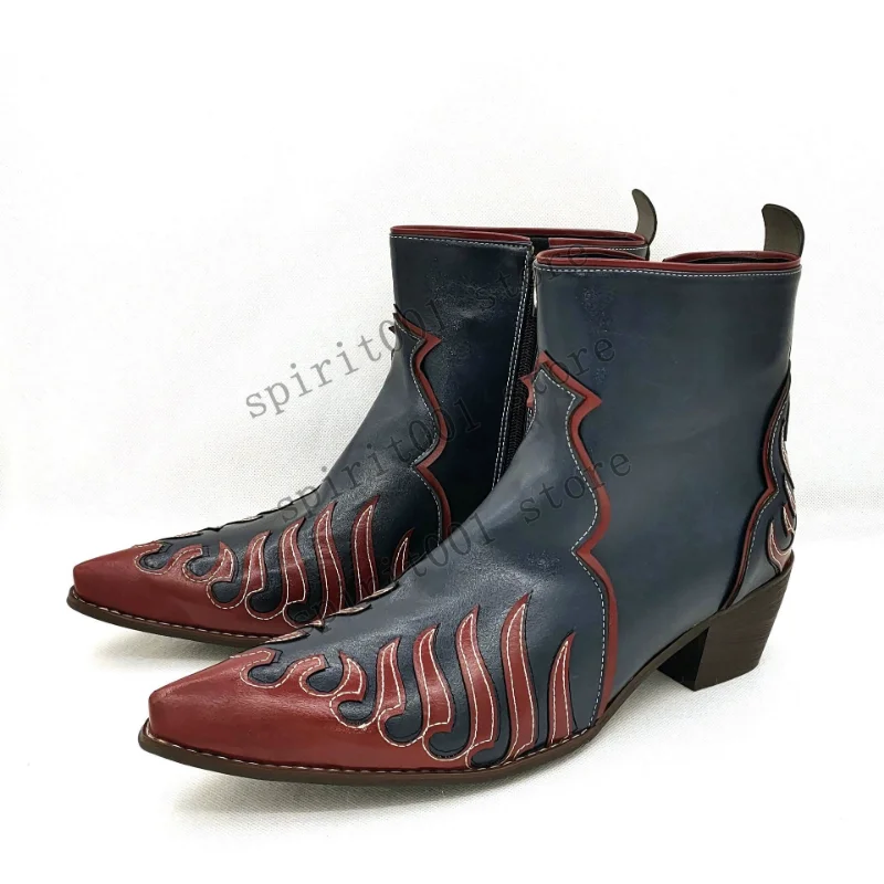 Pointed Toe Chunky Heel Western Cowboy Boots Men's Short Boots Retro Stitching Leather Boots Halloween Cosplay Knight Boots 2026
