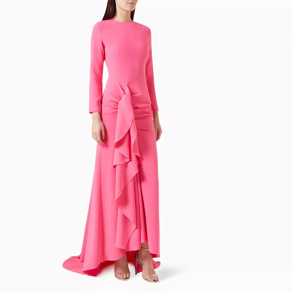 Sevintage Pink Mermaid Prom Dresses Long Sleeves Saudi Arabic Evening Gowns Pleat Ruched Formal Occasion Dress