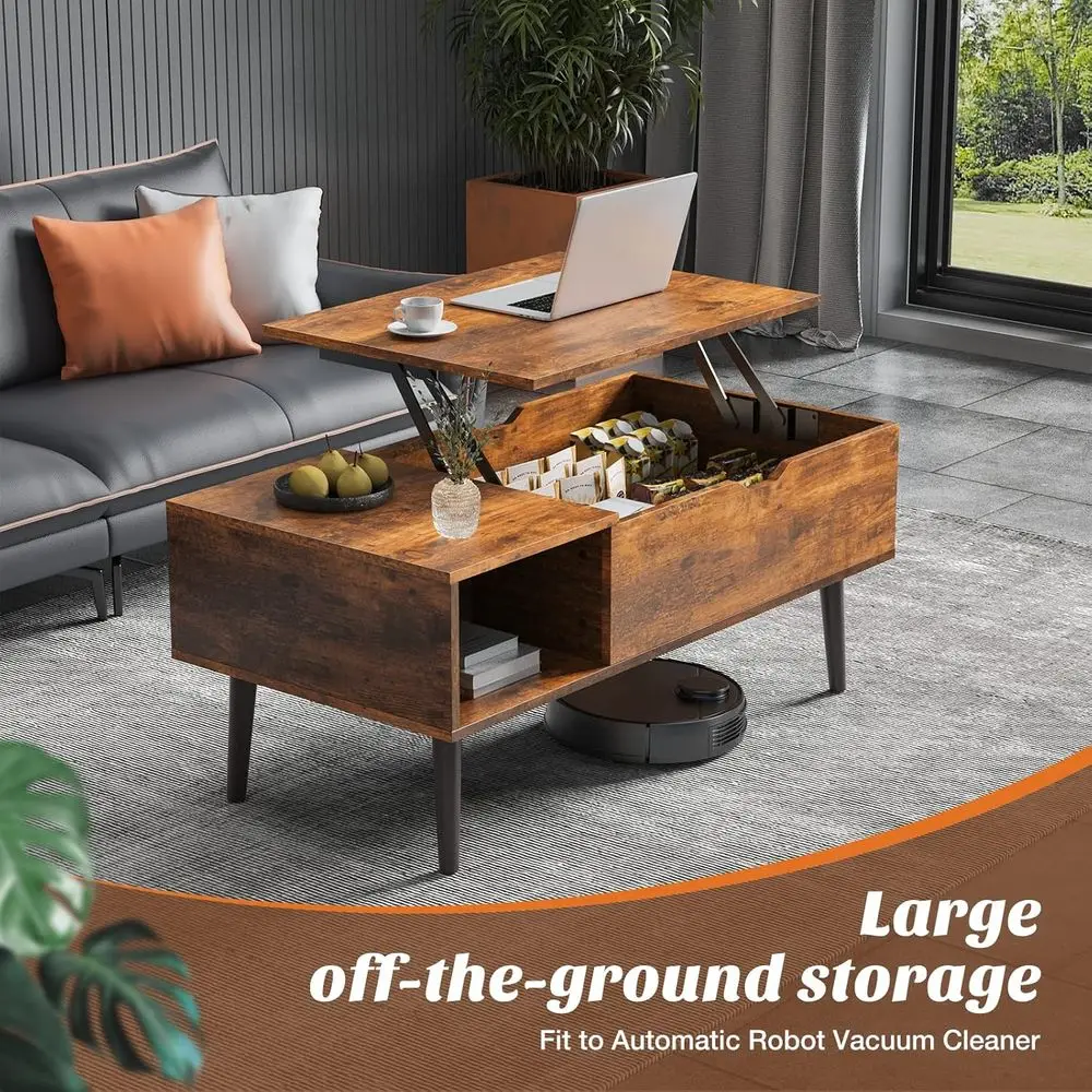 Rising Storage Coffee Table - Wooden Small Living Room Table with Hidden Compartment, Brown