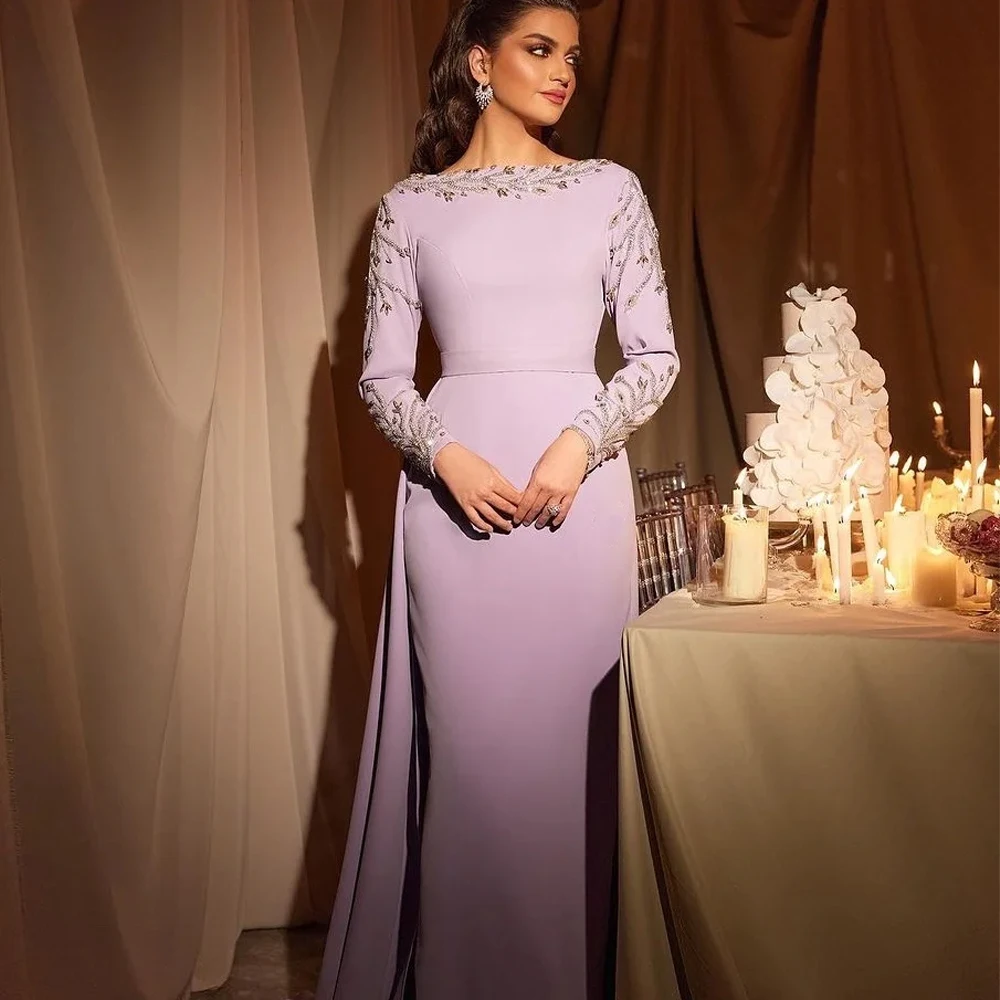Abito da sera squisito lilla personalizzato scollo a barca maniche lunghe perline di cristallo sirena abiti da ballo di lusso abito da festa lungo fino al pavimento