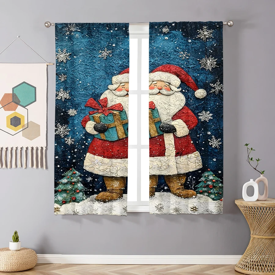 2PCS Digital Print Curtains, Santa Claus Holding Gift Christmas Pattern, Classic Festive Style for Xmas Holiday Home Decor