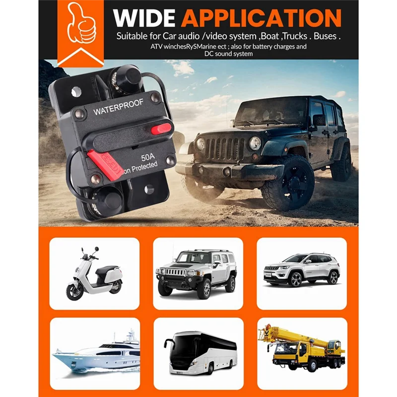 -ESTR 50 أمبير قاطع دائرة السيارات مع إعادة الضبط اليدوي، حامل فيوز مقاوم للماء لمحركات التصيد والقوارب والسيارات
