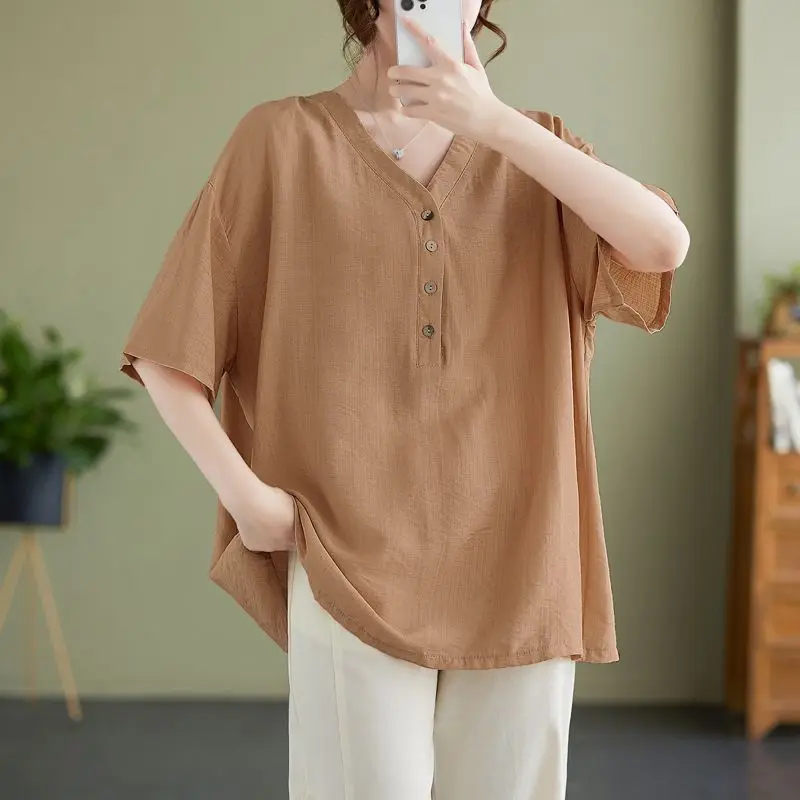 Simple Versatile Summer Women\'s V-neck Solid Color Single Broken Ice Silk Fabric Cotton Fashion Casual Short Sleeve Loose Tops