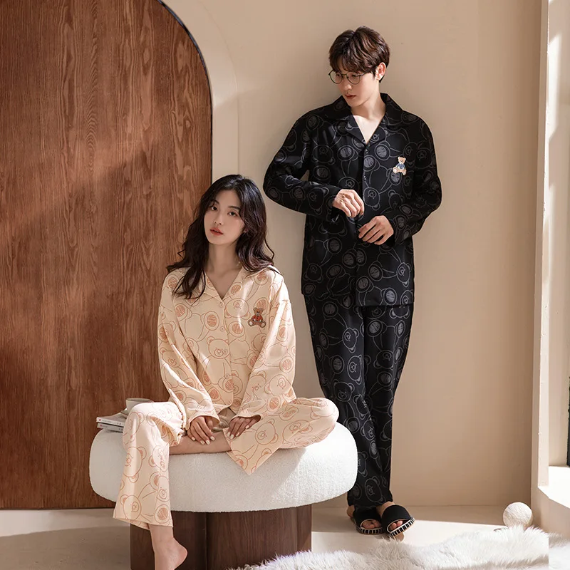 2023 New Couple 100% Cotton Pyjamas Women's Men's Long Sleeve Lapel Tops+Pants 2Pcs Pajamas Nightwear Sleepwear Homewear