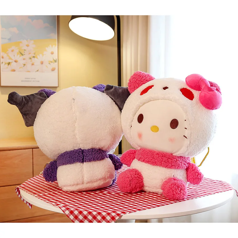 Novo sanrio kuromi se transforma em um panda boneca de pelúcia anime figura dos desenhos animados bonito rosa olá kitty pelúcia brinquedos para crianças presente