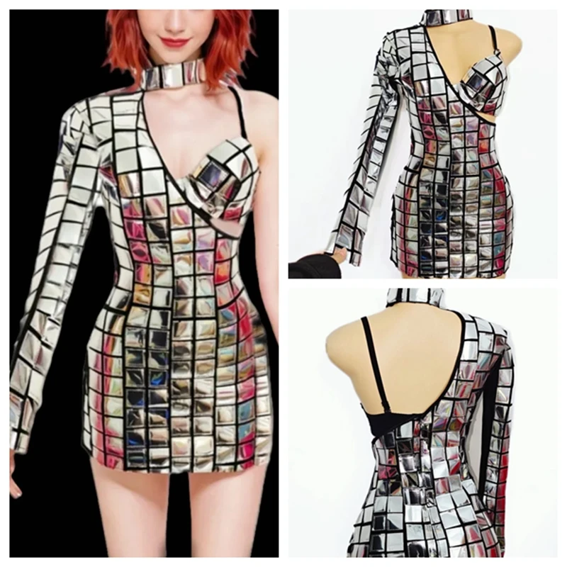 

Opening Dance Costume Silver Laser Mirror Single Sleeve Sexy Dress+Cuff Bar Nightclub Singer Prom Party Birthday Club Stage Wear