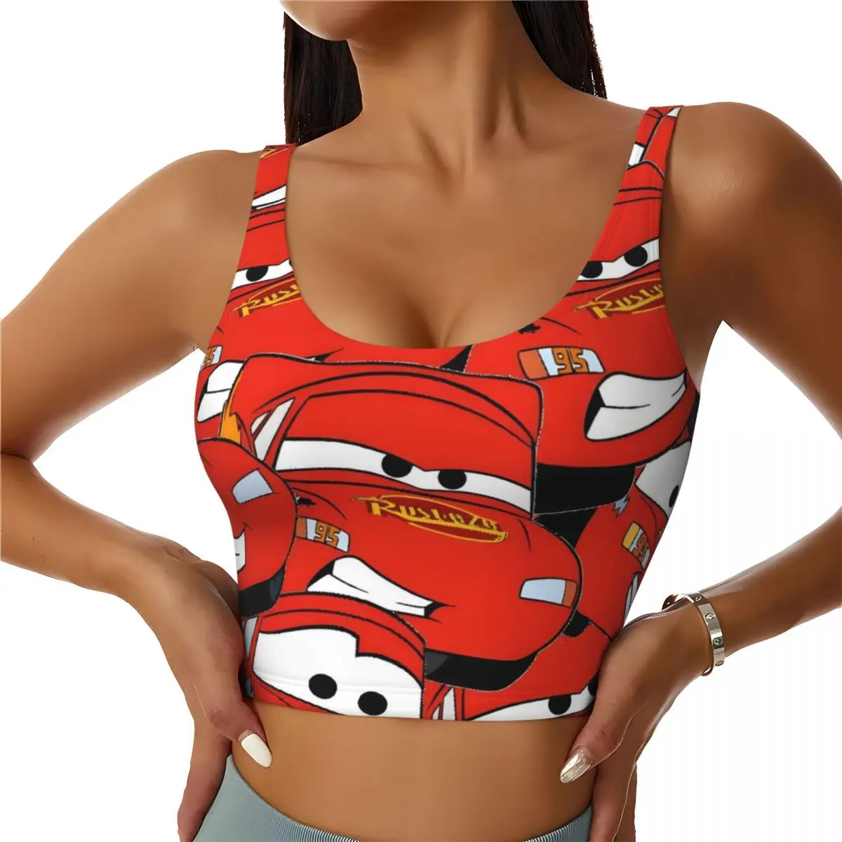 

Custom Women's Lightning McQueen Sports Bra Cars Pattern High Impact Gym Workout Running Crop Tank Tops