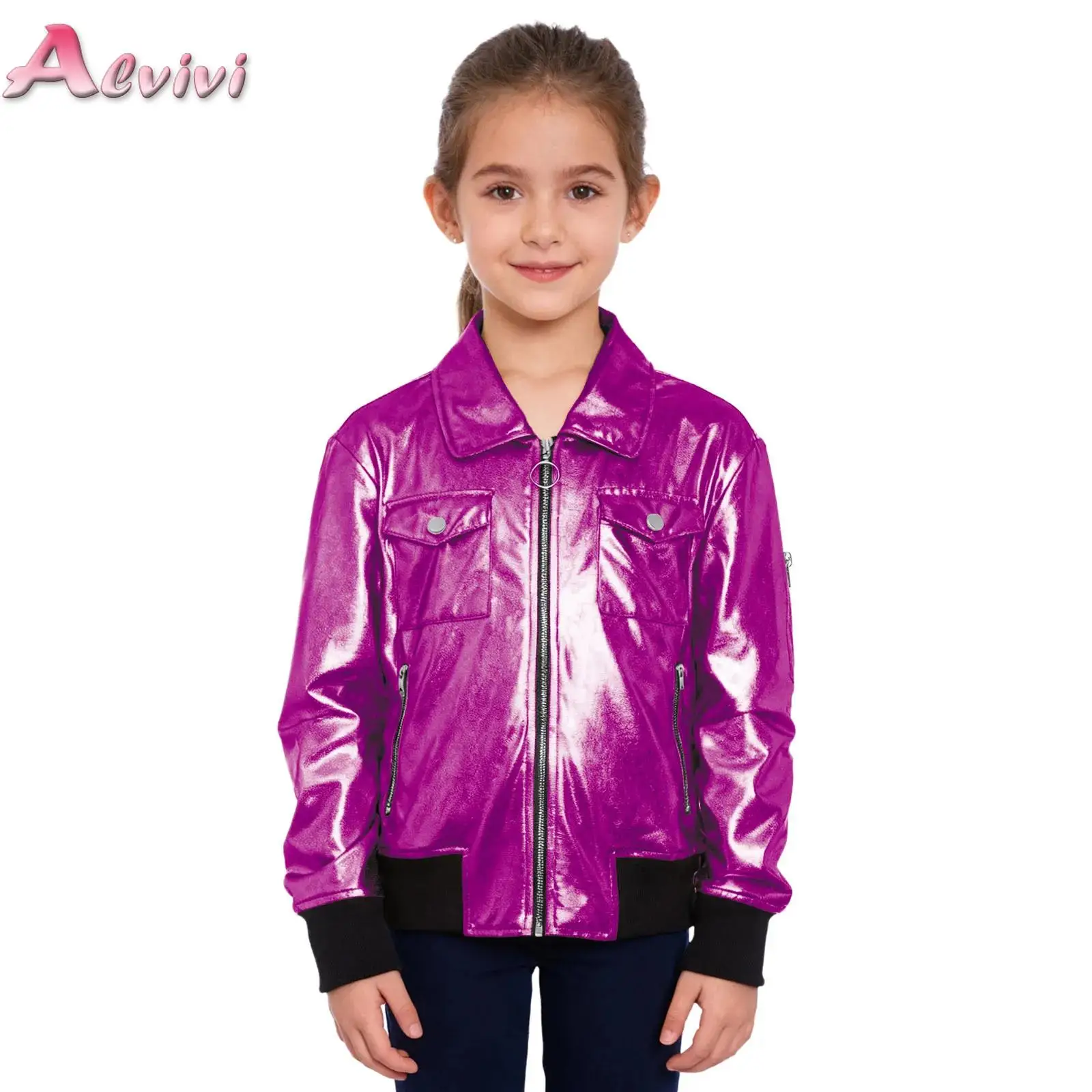 

Girls Shiny Metallic Bomber Jacket Turn-Down Collar Long Sleeve Zipper Jackets for Kid Modern Hip Hop Jazz Dance Coats Outerwear
