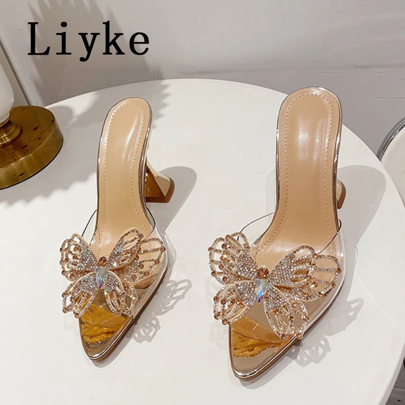 Liyke PVC Transparent Slippers For Women Fashion Rhinestone Bowknot Summer Sandals Pointed Toe Clear High Heels Party Prom Shoes